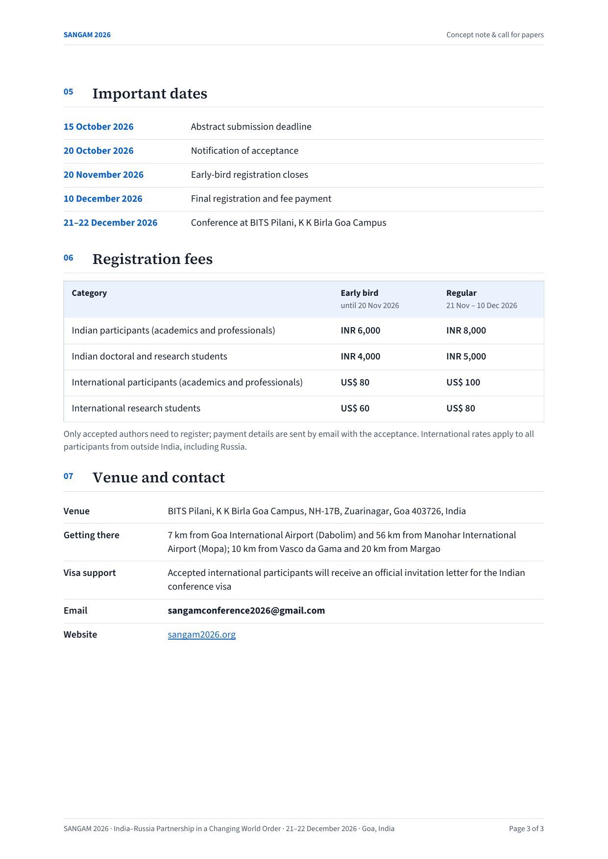 Page 3: important dates, registration fees, venue and contact